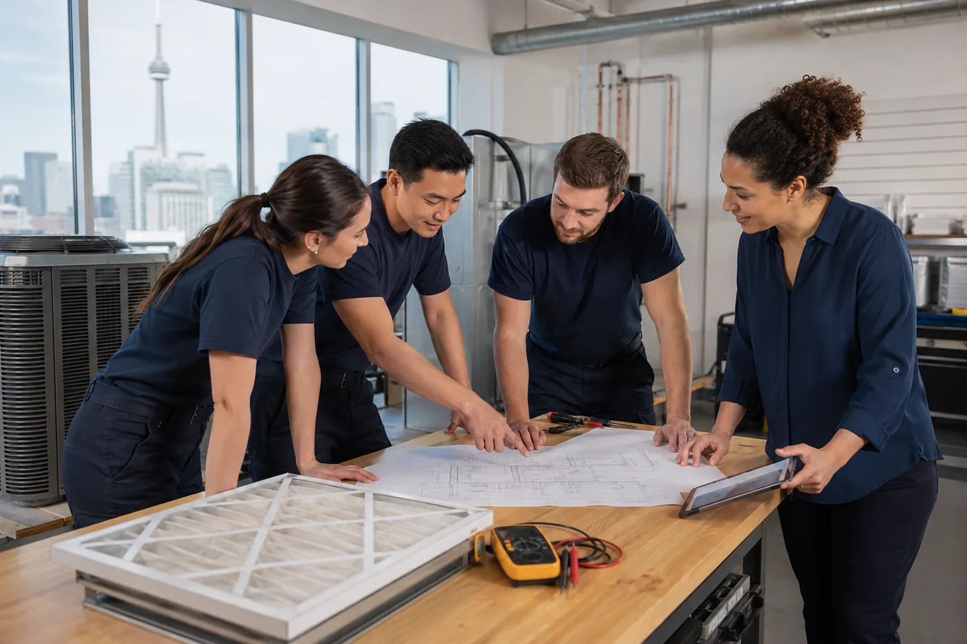 Toronto HVAC service team reviewing equipment information beside a service vehicle