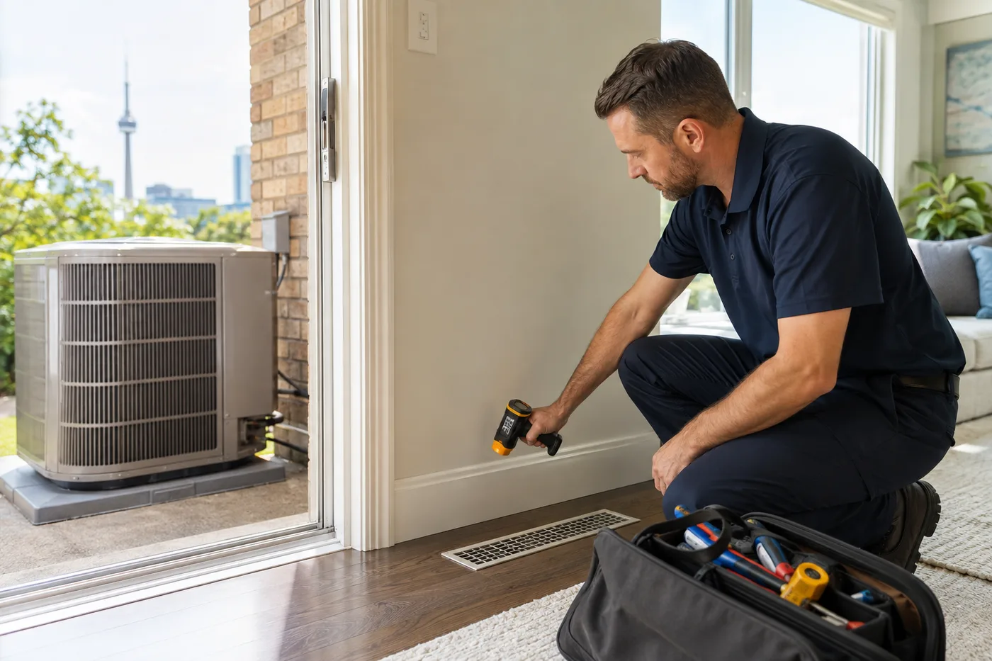 Technician measuring supply and return air for a Toronto air conditioner that is not cooling