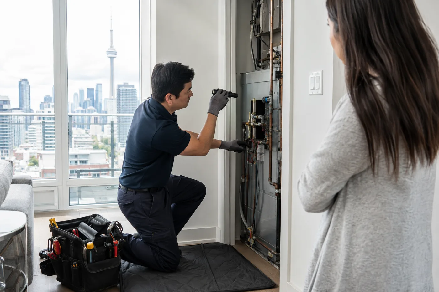 Technician inspecting a condo fan coil cabinet in a bright Toronto suite