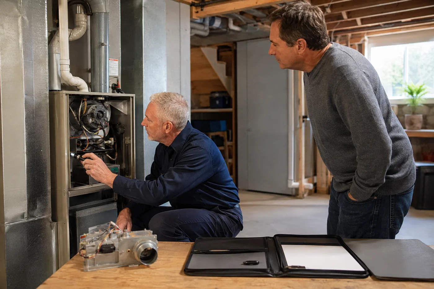Toronto homeowner reviewing furnace repair and replacement findings with an HVAC technician