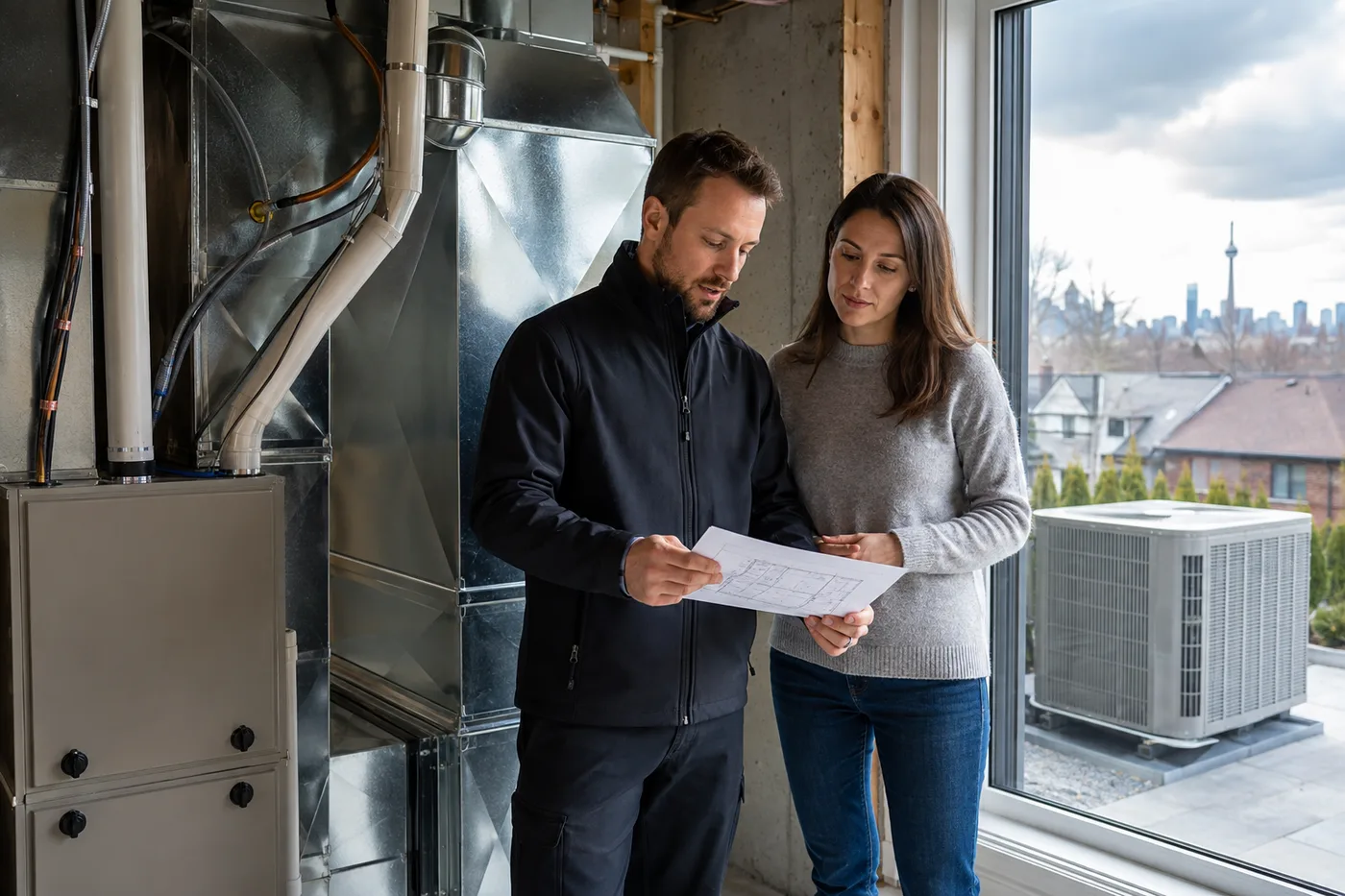 Toronto HVAC professional comparing heat pump and furnace system plans at a home