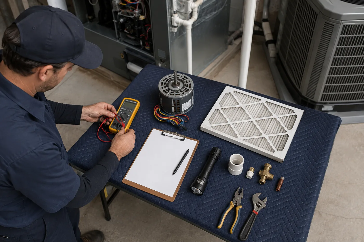 Toronto homeowner and HVAC technician reviewing a detailed written service estimate