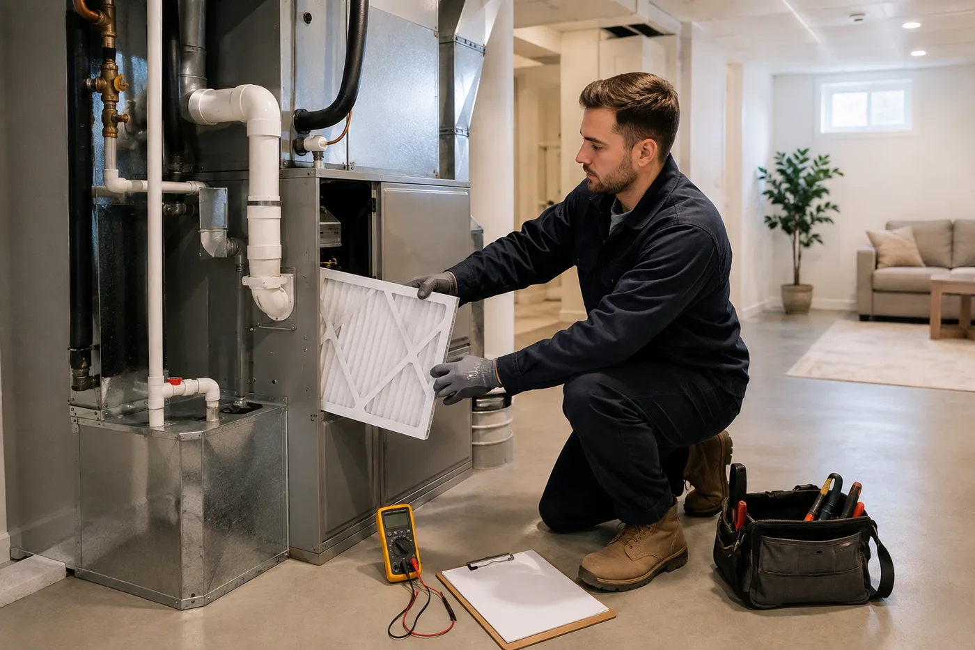 Organized HVAC maintenance tools and checklist beside Toronto heating and cooling equipment