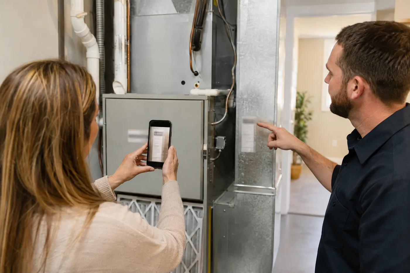 Close safe view of an HVAC equipment model and serial data label