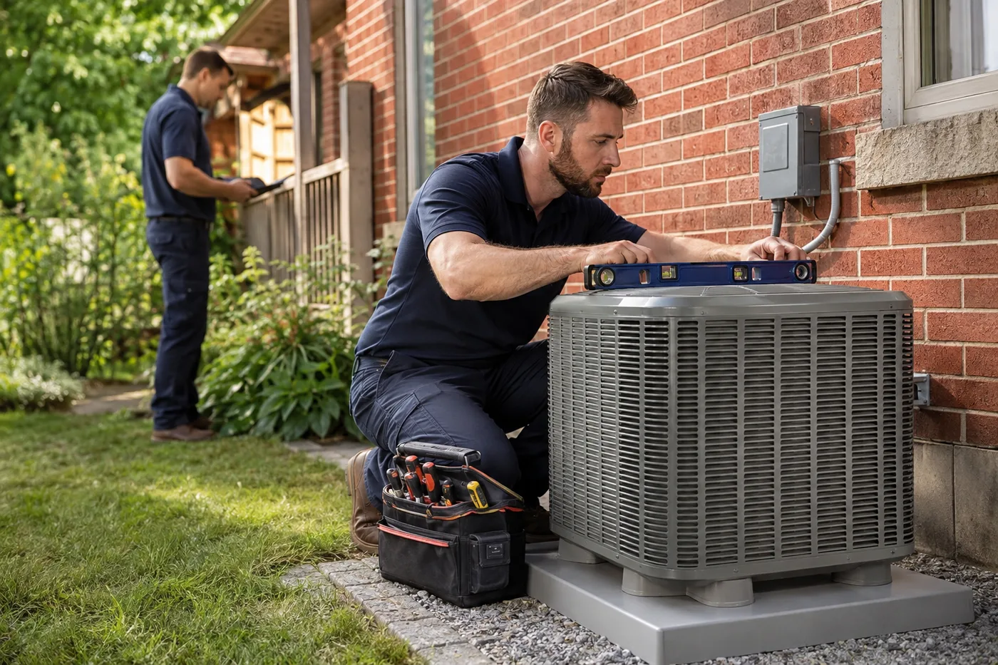 Residential central air conditioner being installed beside a Toronto house