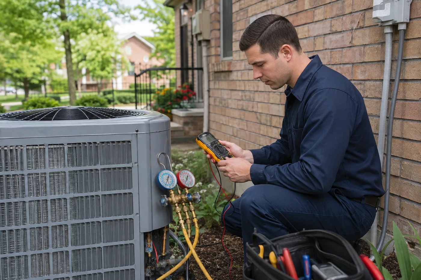 Toronto HVAC technician testing a residential air conditioner outdoors