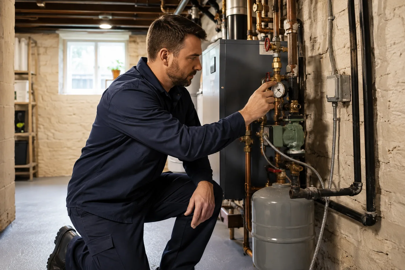 Qualified technician inspecting a hydronic boiler in an older Toronto home