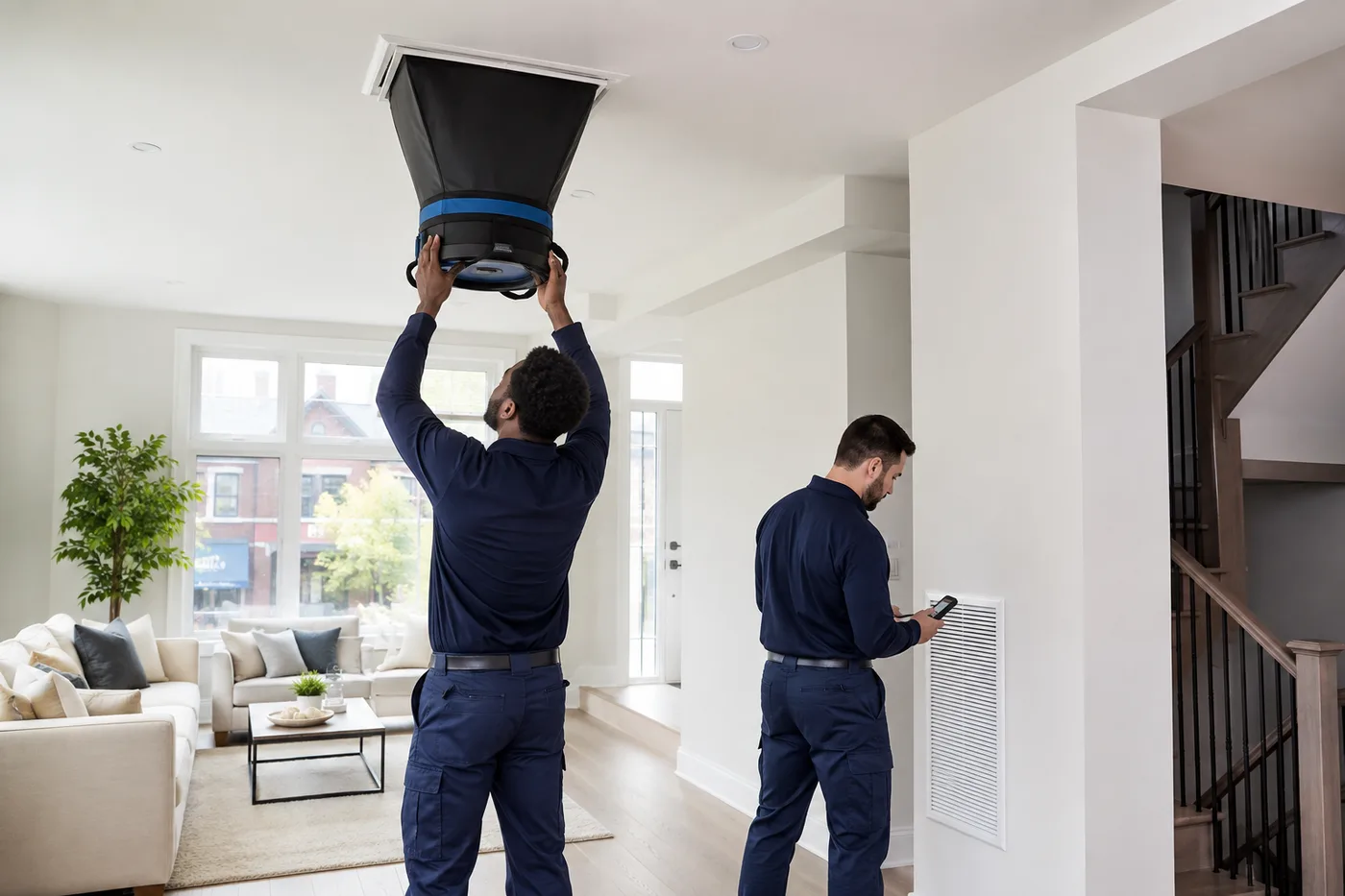 HVAC technician testing airflow at a supply register in a Toronto home