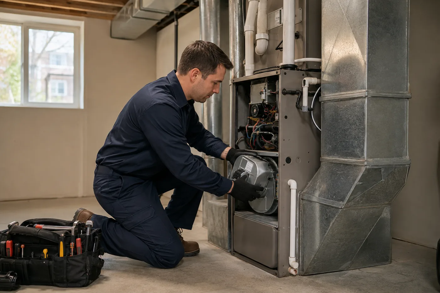 Technician inspecting a high-efficiency gas furnace in a Toronto basement