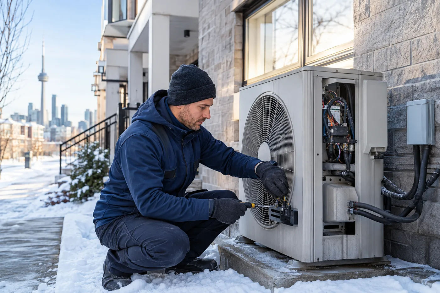 Technician servicing an air-source heat pump at a Toronto home