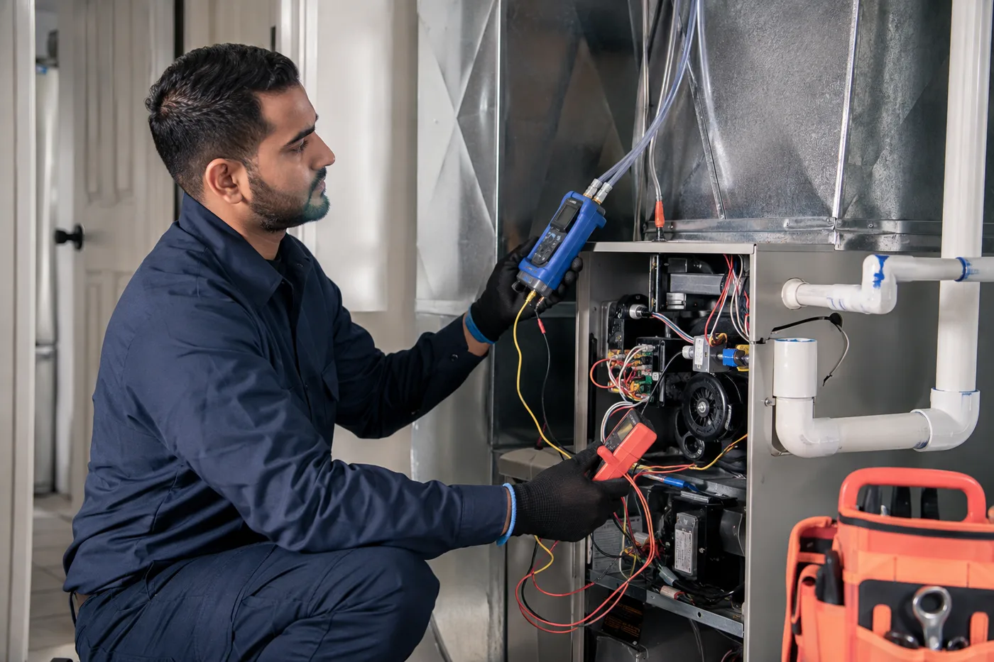 Toronto HVAC technician measuring an indoor air handler during a repair visit