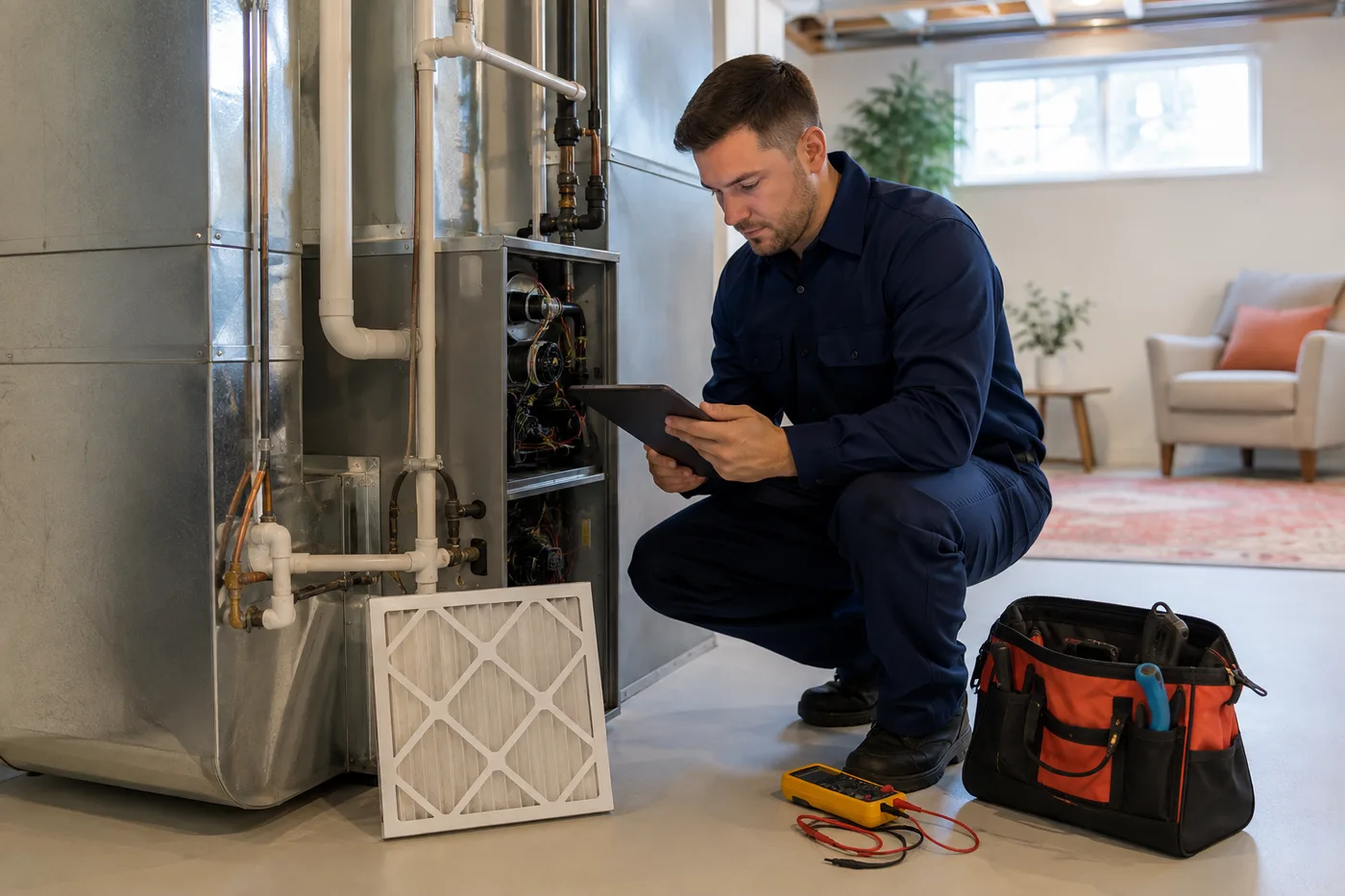 HVAC maintenance tools and inspection sheet beside Toronto heating equipment